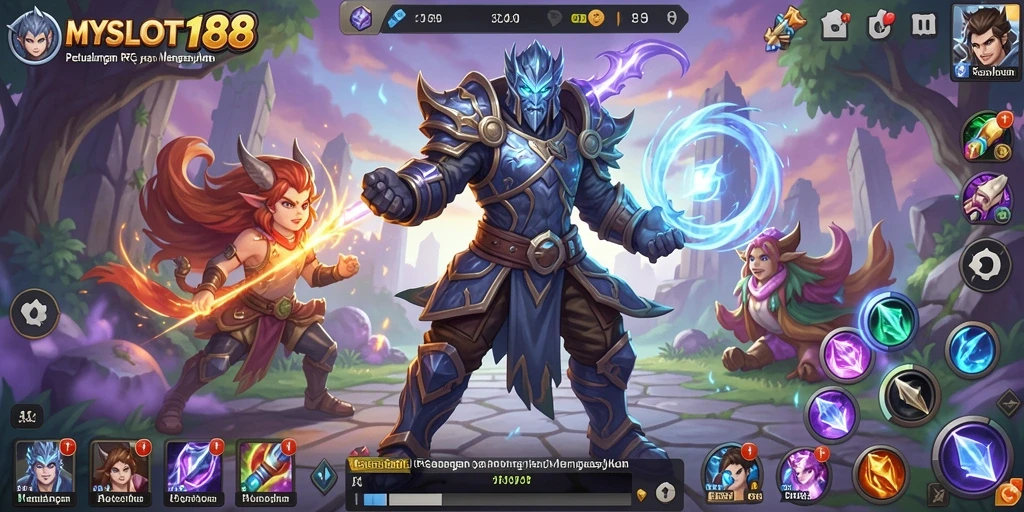 Tampilan gameplay epik dari MYSLOT188 dengan karakter dan monster.